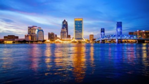The Jacksonville city skyline at night.
