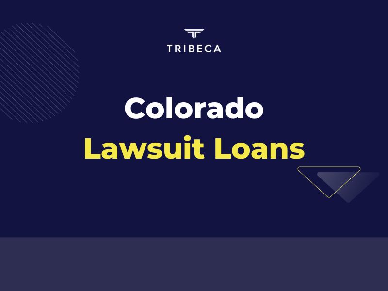 Tribeca Lawsuit Loans webpage's featured image displaying a yellow, blue and white illustration detailing their pre-settlement funding business in Colorado state.